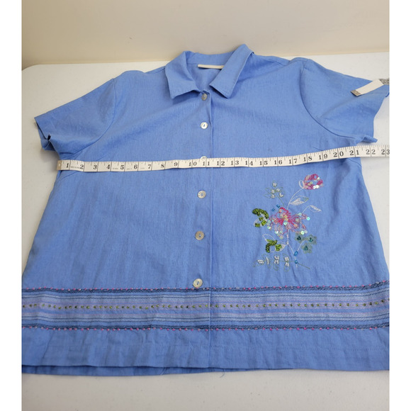Vtg Jane Ashley Blue Floral Embroidered Linen Blend Shirt & Dress Size Large - Picture 4 of 15
